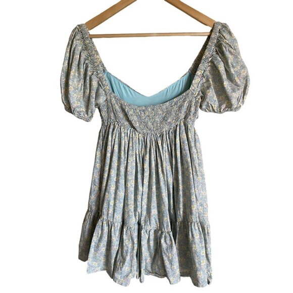 Mable Size Medium Smocked Tie Bow Doll Front Blue Floral Mini Dress A-Line Puff - Picture 3 of 8